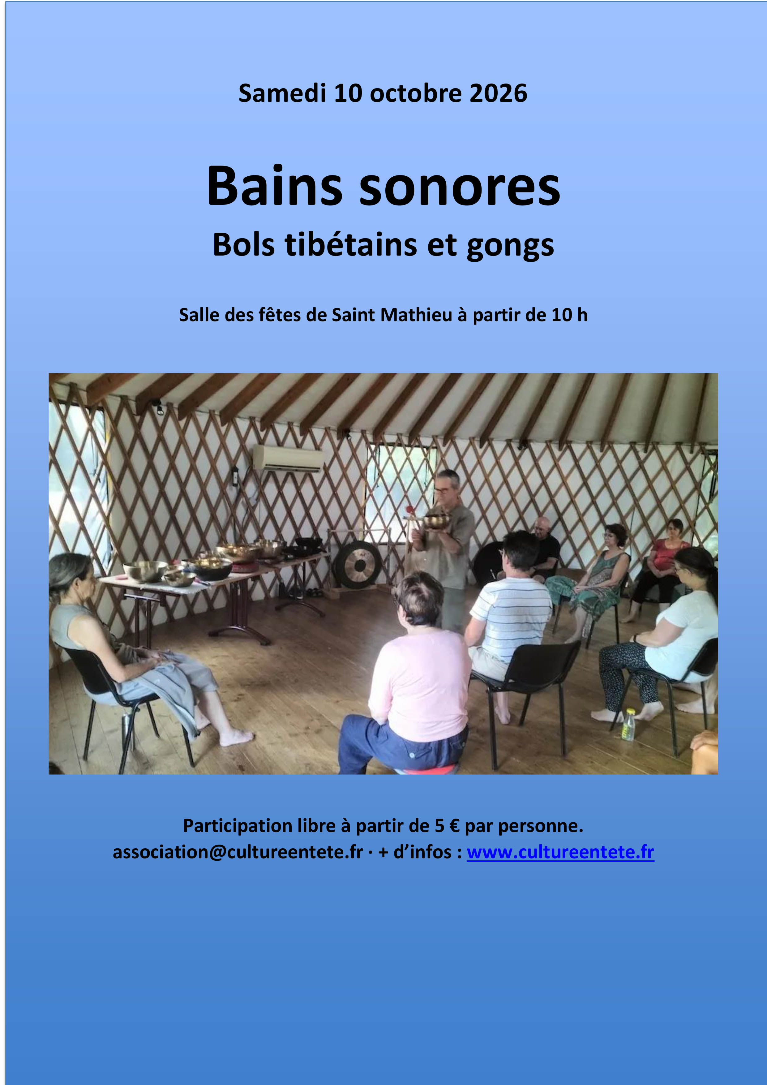 Affiche Bains sonores — Bols tibétains et gongs — Samedi 10 octobre 2026, à partir de 10 h