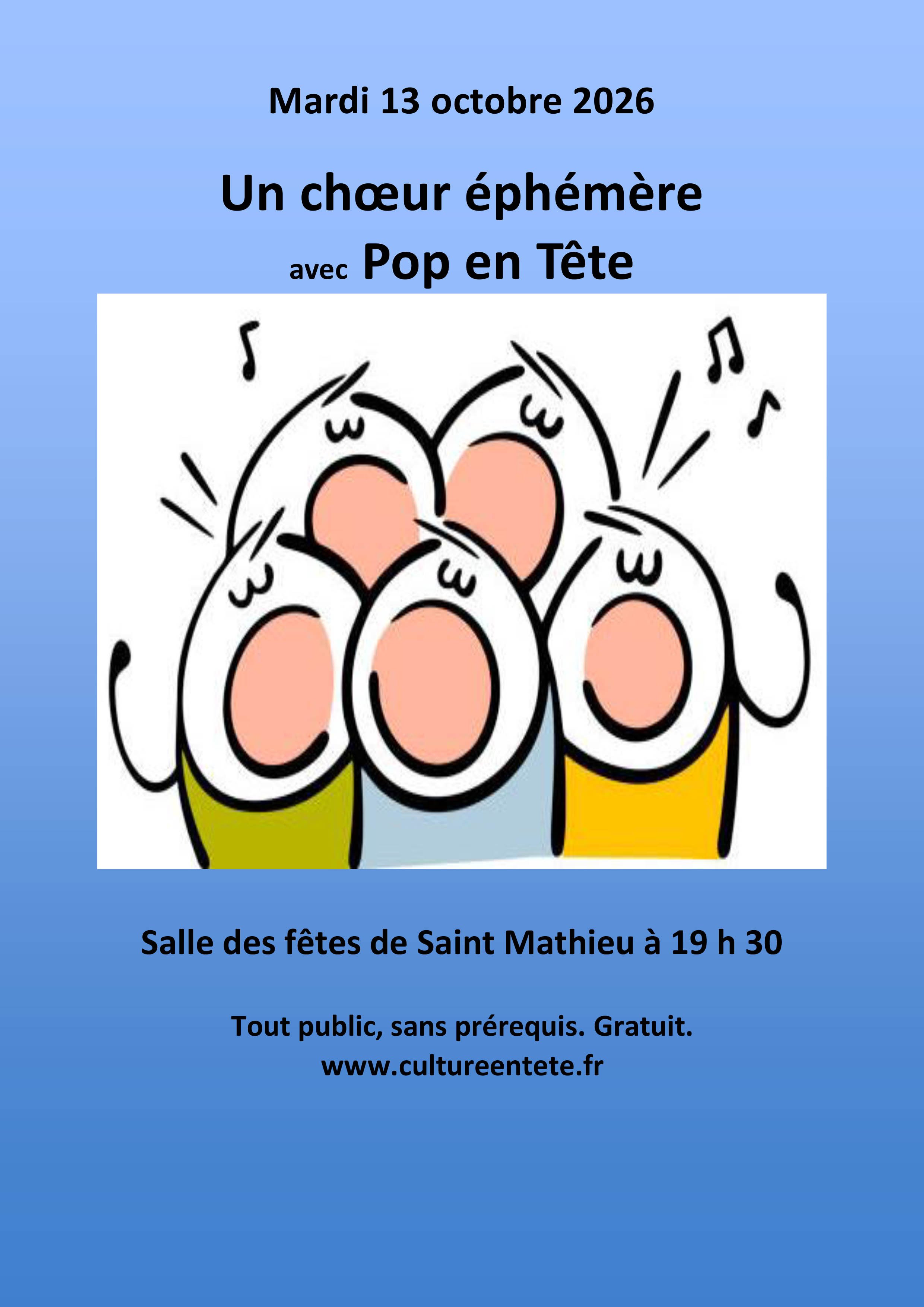 Affiche Un chœur éphémère avec Pop en Tête — Mardi 13 octobre 2026, à 19 h 30