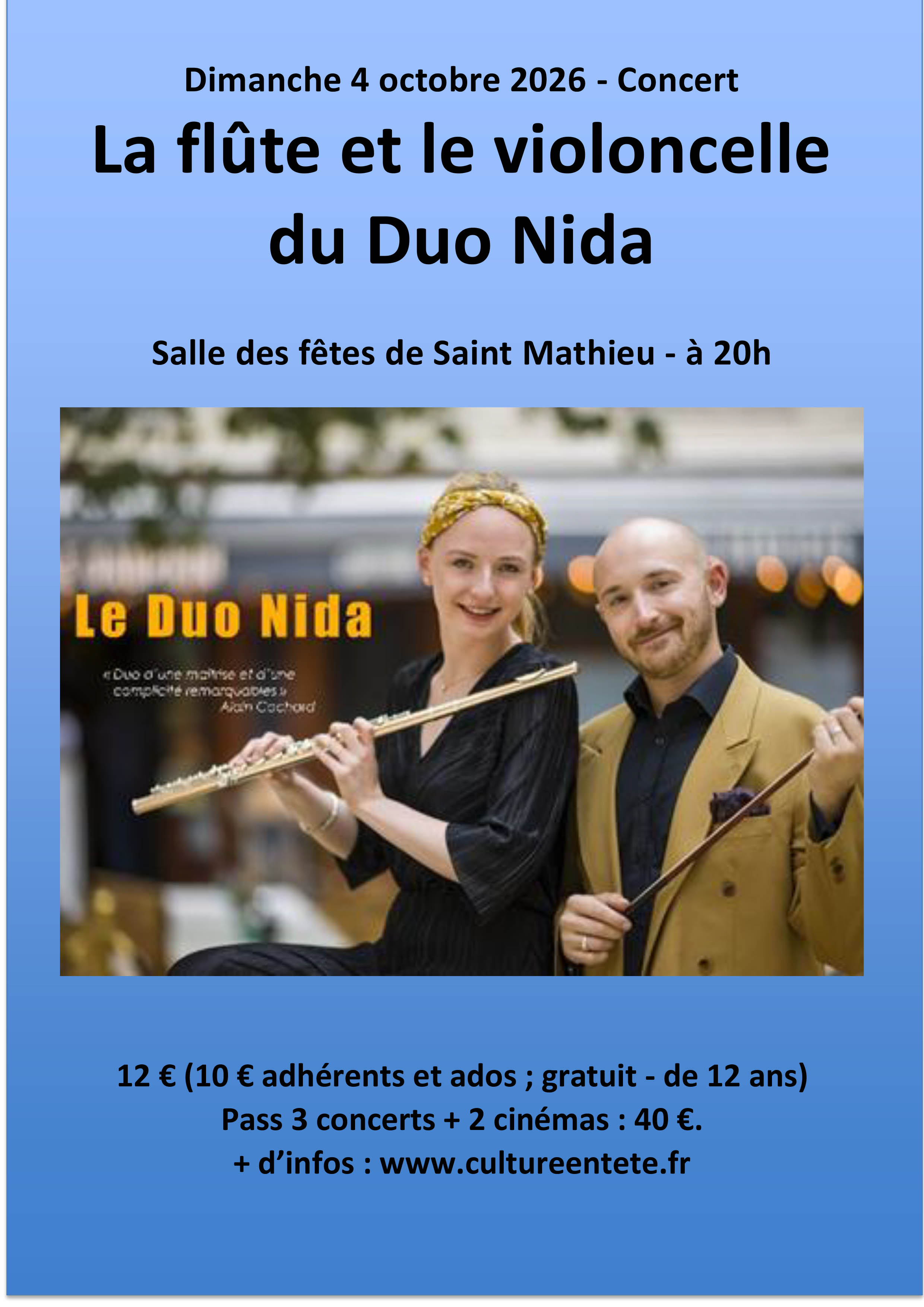Affiche La flûte et le violoncelle du Duo Nida — Dimanche 4 octobre 2026, à 20 h