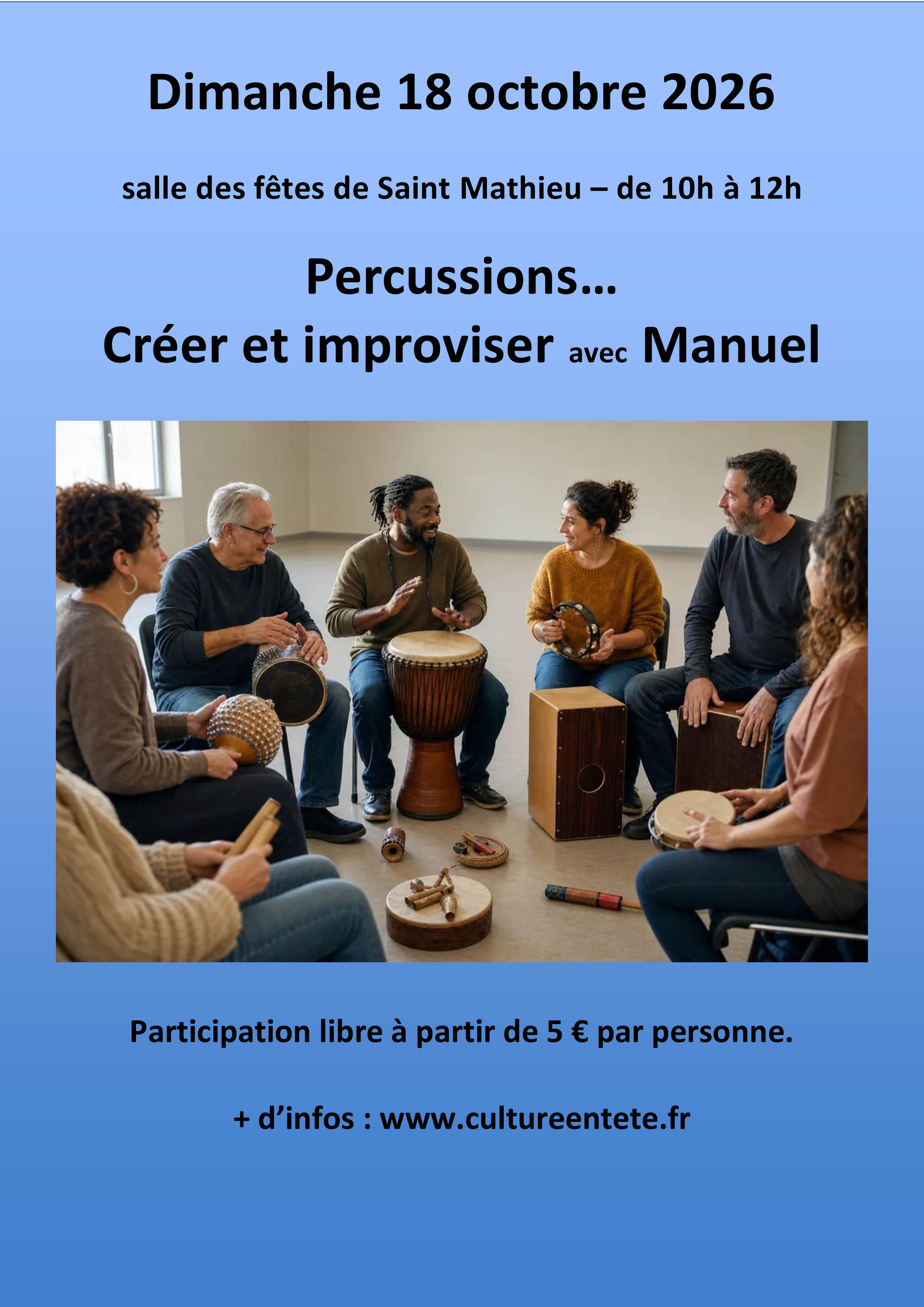 Affiche Percussions — Créer et improviser avec Manuel — Dimanche 18 octobre 2026, de 10 h à 12 h