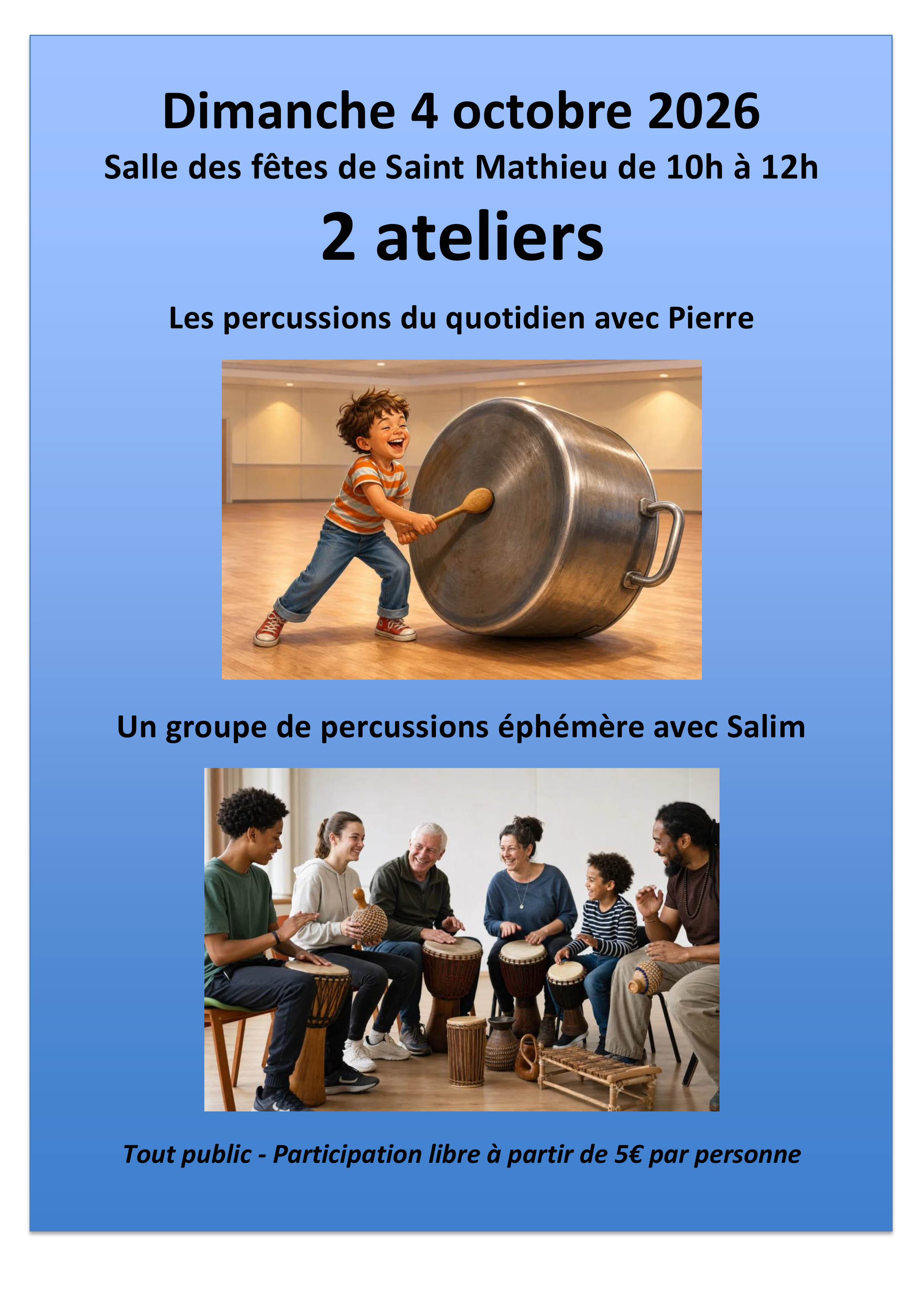 Affiche Deux ateliers de percussions avec Pierre et Salim — Dimanche 4 octobre 2026, de 10 h à 12 h