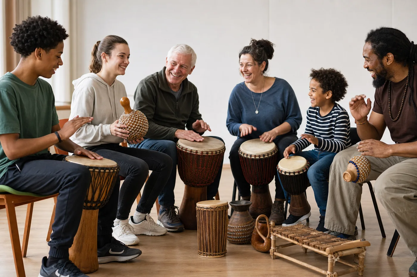 Un groupe de différents âges joue des percussions avec enthousiasme