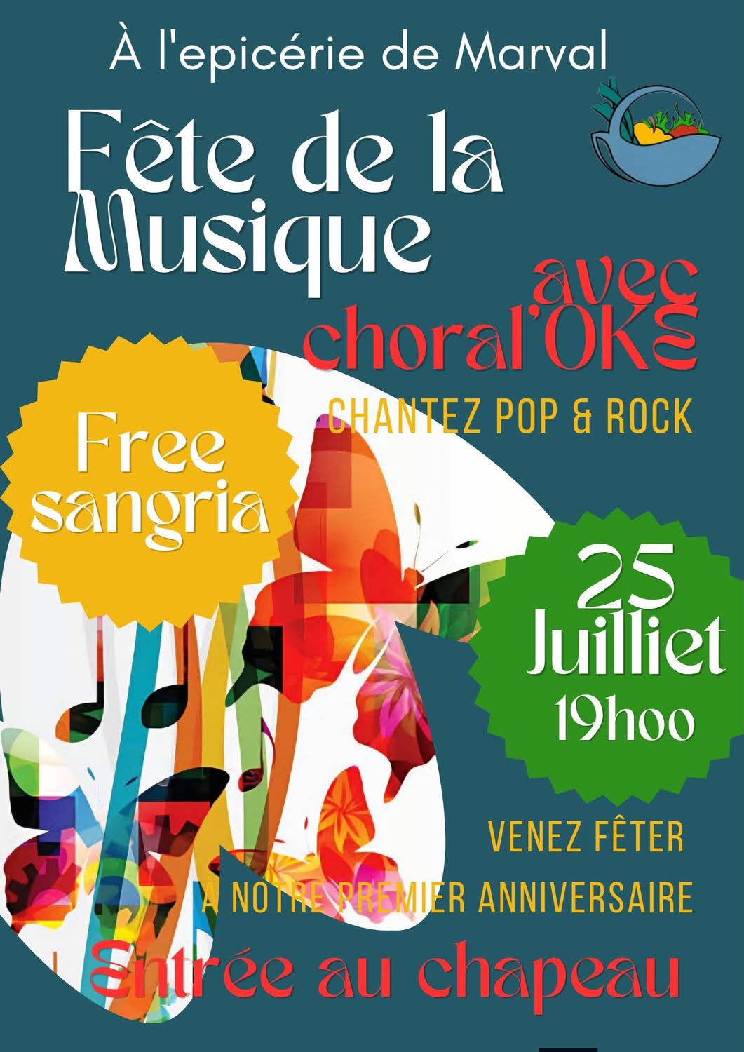 Affiche de la Fête de la musique à l'épicerie de Marval avec Choral'Oké