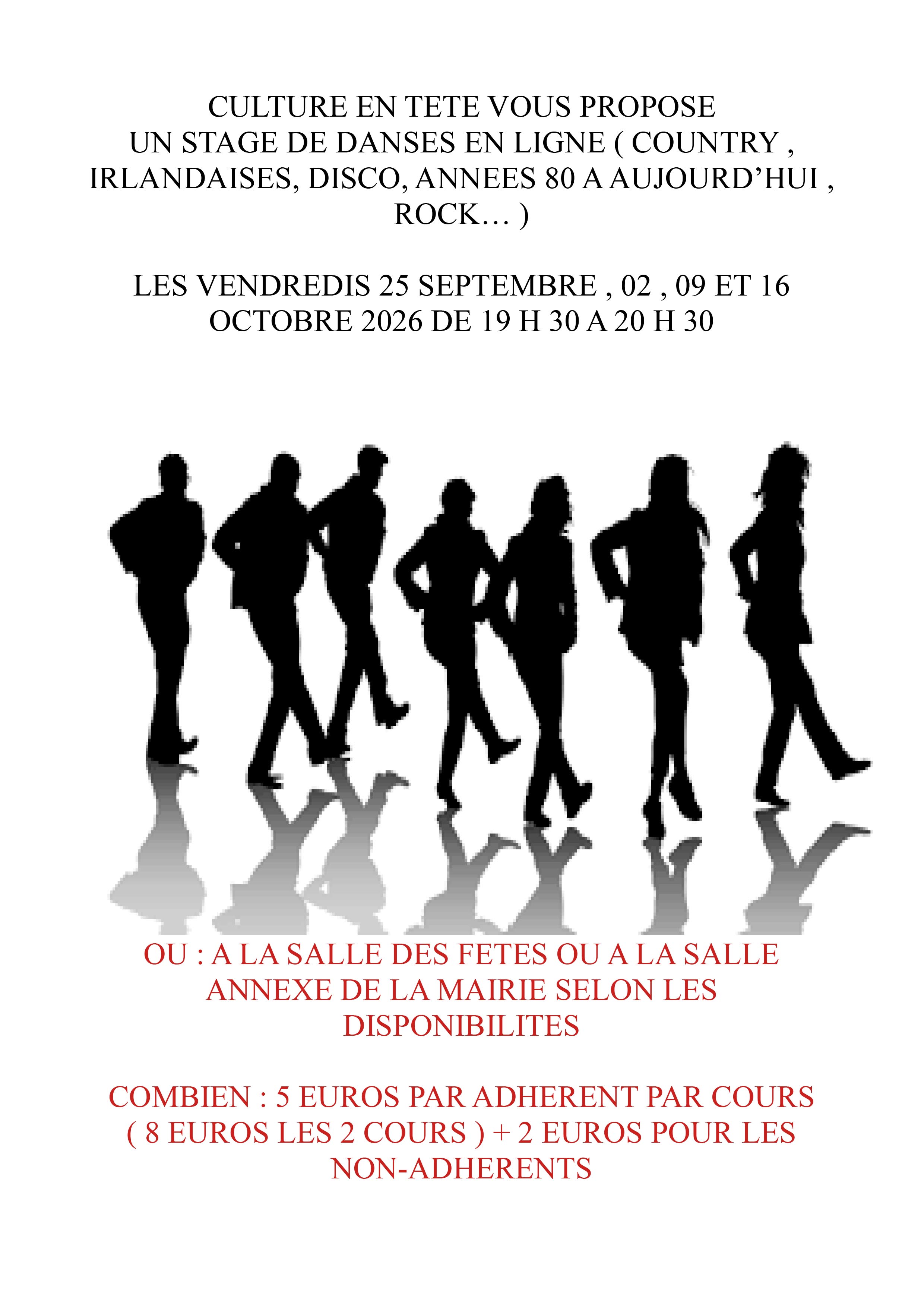 Affiche du stage de danses en ligne à Saint-Mathieu, les 25 septembre, 2, 9 et 16 octobre 2026