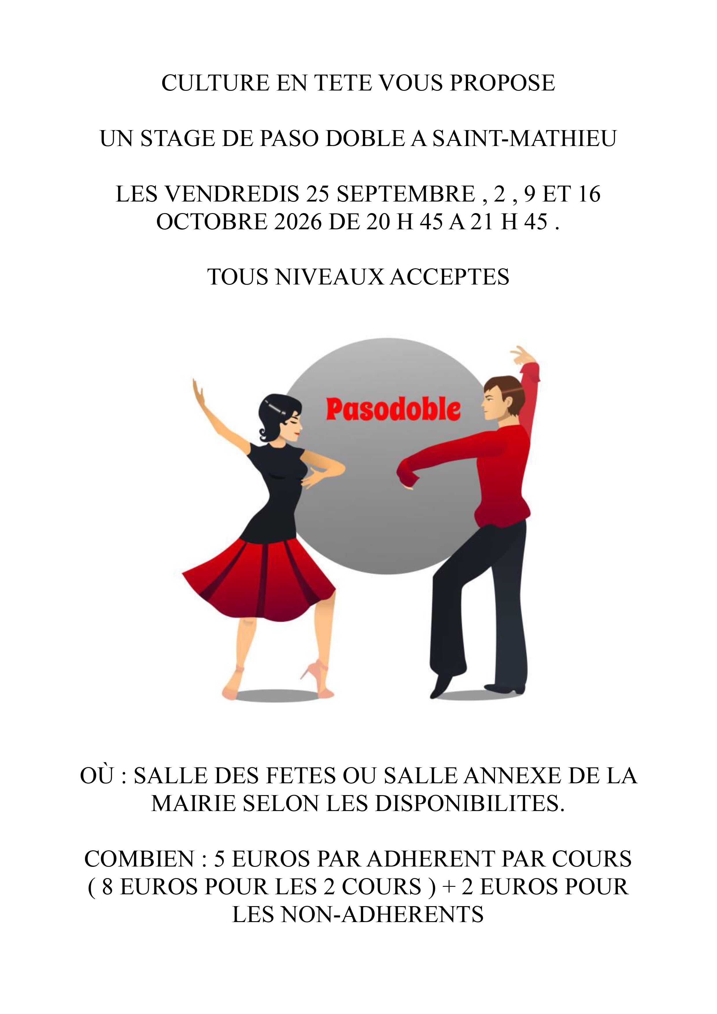 Affiche du stage de paso doble à Saint-Mathieu, les 25 septembre, 2, 9 et 16 octobre 2026